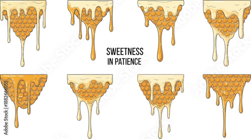 Multiple illustration variations show dripping honey comb segments with white and amber viscous liquid flowing downwards.