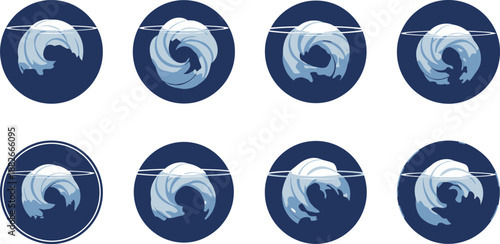 Eight sequential illustrations depict the dynamic movement of a stylized water wave forming and breaking inside a dark circular frame.