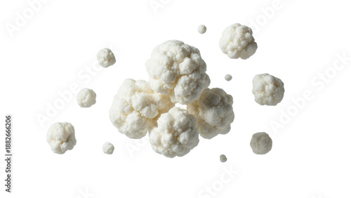 Dynamic composition of fresh white cauliflower florets suspended in mid-air against a pristine background