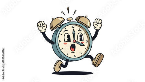 Retro Cartoon Alarm Clock Character Running Urgently with Arms Raised and Mouth Open