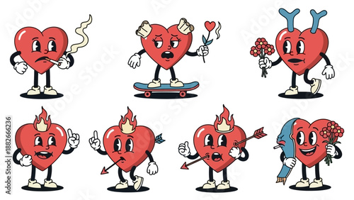 Retro Cartoon Hearts with Expressive Faces: Love, Emotion, and Fun