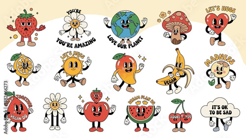 Retro Cartoon Style Cute Fruit & Veggie Characters with Positive Quotes Vector