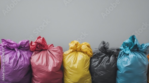 54.An artistic and monochrome shot of a pile of colored garbage bags against a gray background. The bags in different colors represent waste sorting categories, adding to the overall theme of