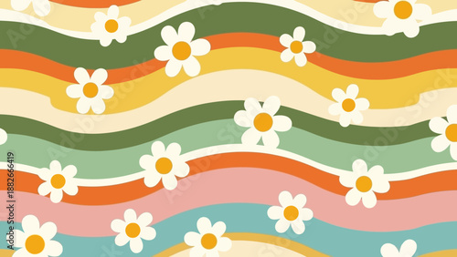 Retro Floral Pattern on Wavy Stripes, Vintage Aesthetic Seamless Background