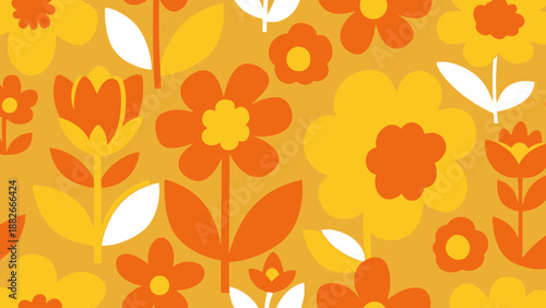 Retro Floral Pattern: Vibrant Orange and Yellow Flowers on Mustard Background Seamless Design