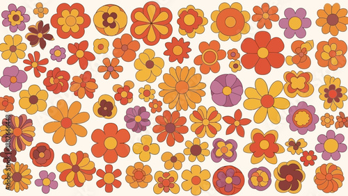 Retro Floral Pattern with Vibrant Groovy Flowers in Orange, Yellow, and Purple Hues
