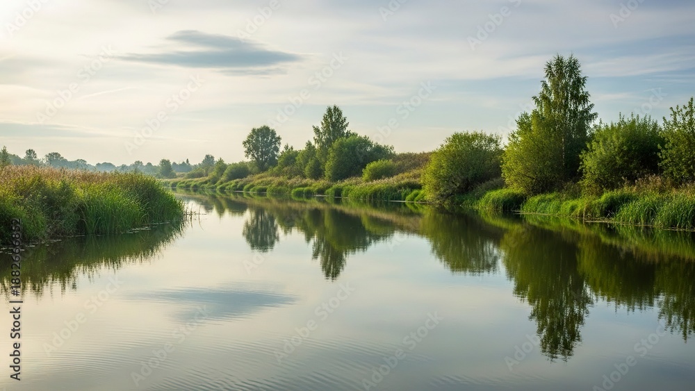 Fototapeta premium Serene river reflecting trees under a soft sky