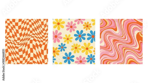 Retro Psychedelic Patterns: Groovy Checkered, Floral, and Swirl Designs on White Background
