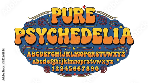 Vibrant Retro Psychedelic Typography with Colorful Bubble Letters and Numbers