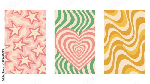 Retro Abstract Patterns with Stars and Hearts in Warm Earthy and Pastel Tones