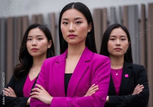 Three Serious East Asian Businesswomen, Crossed Arms, Fuchsia Blazer, Strong Unified Corporate Team, Professional Portrait Illustration