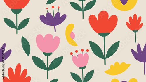 Vibrant Seamless Pattern of Colorful Abstract Flowers and Leaves on Creamy Background