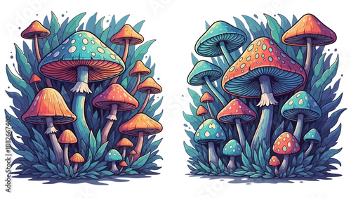Vibrant Psychedelic Mushroom Cluster in Lush Green Foliage, Whimsical Fantasy Art