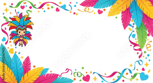 Colorful Rio carnival frame. Vector illustration border. Mardi Gras decoration. White background. Festive leaves and confetti. Party design element. Border with cartoon character. Colorful
