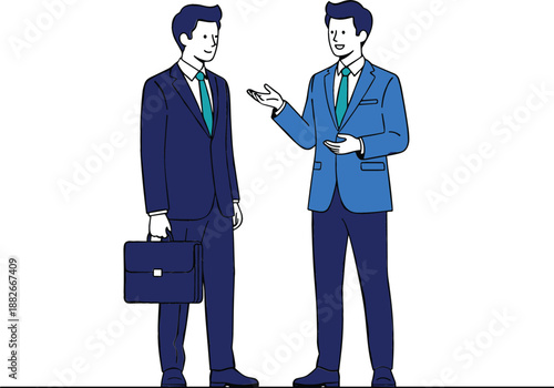 Two businessmen in suits having a professional conversation featuring a man with a briefcase and a colleague gesturing during a meeting flat vector illustration