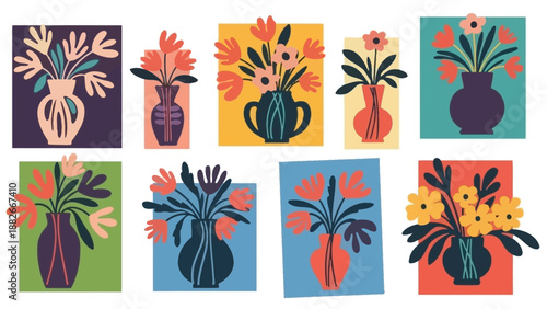 Abstract Floral Arrangements in Stylized Vases, Modern Vector Art Collection