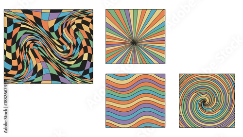 Retro Psychedelic Geometric Patterns: Swirls, Waves, and Sunbursts in Vibrant Colors