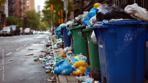 101.A chaotic city street with overflowing trash bags spilling from blue and green recycling bins, cluttering the curb. The image captures the urban struggle with waste management, showing bags of