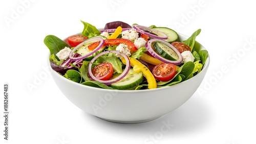 Fresh salad in a white bowl featuring greens tomatoes cucumbers onions peppers  cheese Shadow present