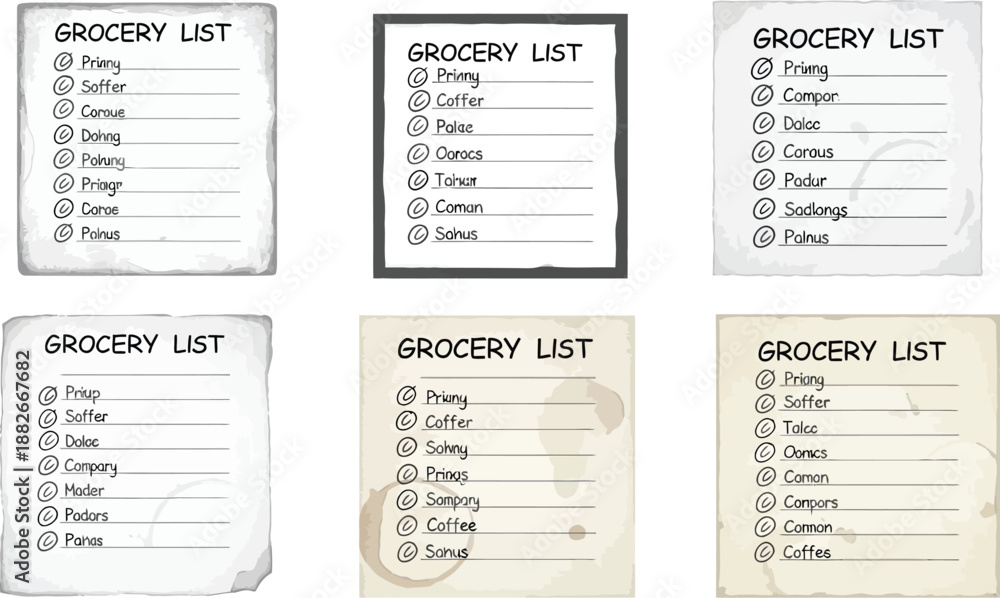 Fototapeta premium Six different styles of hand-drawn grocery lists on textured paper show various mockups for shopping organization and task management.