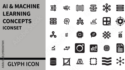 AI & Machine Learning Concepts glyph icon set. . AI technology icons for web and mobile app. Machine learning, digital AI technology, algorithm,