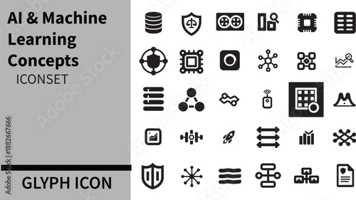 AI & Machine Learning Concepts glyph icon set. . AI technology icons for web and mobile app. Machine learning, digital AI technology, algorithm,