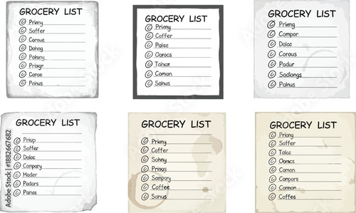 Six different styles of hand-drawn grocery lists on textured paper show various mockups for shopping organization and task management.