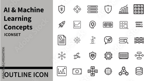 AI & Machine Learning Concepts Outline icon set. AI technology icons for web and mobile app. Machine learning, digital AI technology, algorithm,