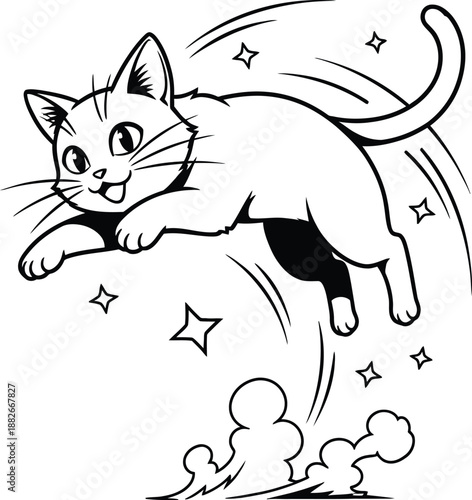 Black and white cartoon cat flying through the air with stars.