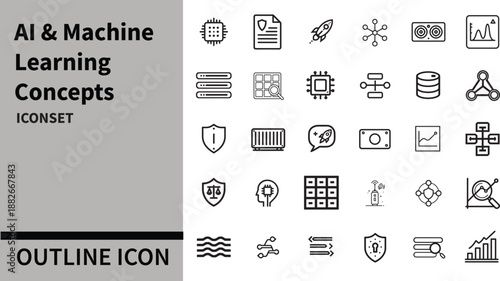 AI & Machine Learning Concepts Outline icon set. AI technology icons for web and mobile app. Machine learning, digital AI technology, algorithm,