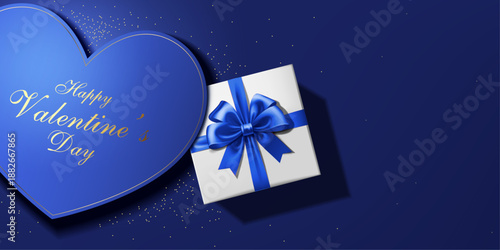 heart shape layer and blue ribbon bow gift box,gold dust on the glowing blue background. happy valentine's day concept greeting card,invitation and celebration banner vector illustration.