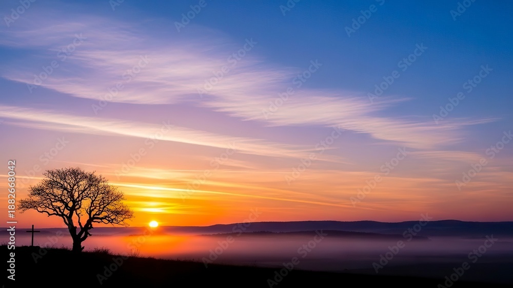Fototapeta premium Sunrise silhouettes a bare tree and cross against a misty landscape under a colorful streaked sky