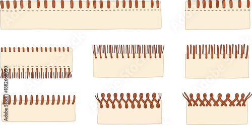 A selection of different sewing machine stitches and thread patterns are precisely illustrated on beige fabric swatches for textile design.