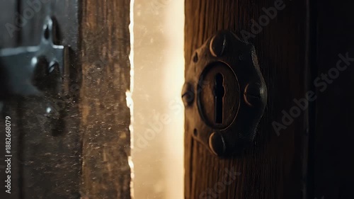 Vintage Brass Key Opening Door Keyhole Light Beam Reveal Secret Entrance