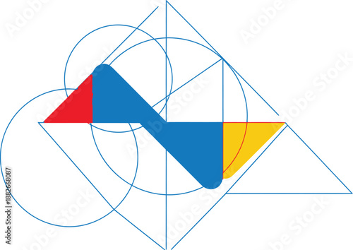 Geometric construction lines and abstract shapes in primary colors define a complex, modern visual structure for branding.