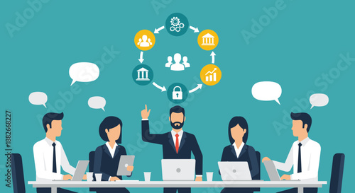Business meeting team discussion with strategy icons, corporate leader speaking, financial planning concept, cad drawing flat vector illustration.