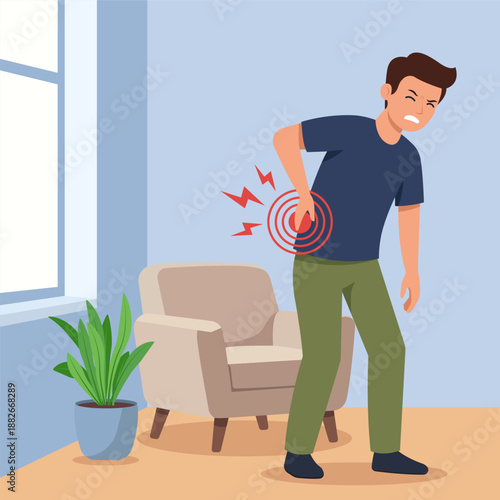 Illustration of a young man suffering from severe lower back pain or spinal injury while standing in a living room, representing health issues and ergonomics.