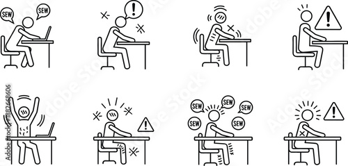 Ergonomic workplace safety icon set featuring line art of office workers illustrating poor posture back pain repetitive strain and warning indicators flat vector