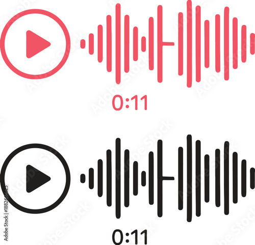 Audio waveform and play button icons set, sound visualization, voice message or music player interface elements