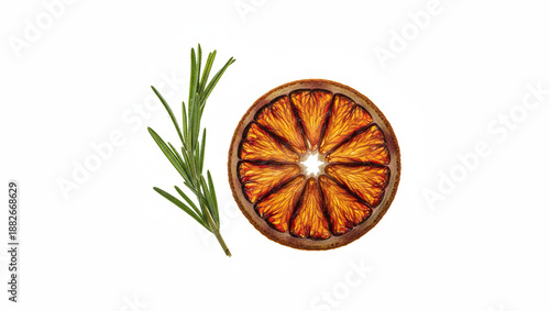 Dried Blood Orange Slice with Fresh Rosemary Sprig Flat Lay