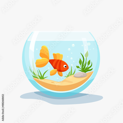 Cute Goldfish in Round Aquarium Bowl with Plants – Flat Vector Illustration