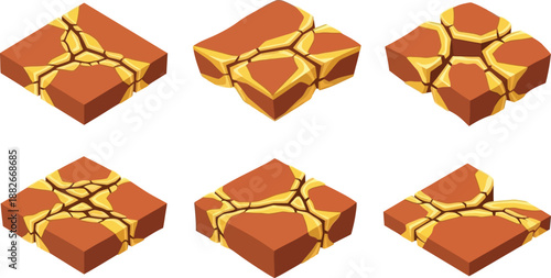 A set of six isometric cracked earth tiles displays variations in shape for game level design or environmental assets.
