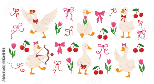 Romantic geese vector illustration set with cute goose characters, bows, flowers and cherries, lovely flat elements for valentines, cards, stickers, packaging, patterns and nursery designs