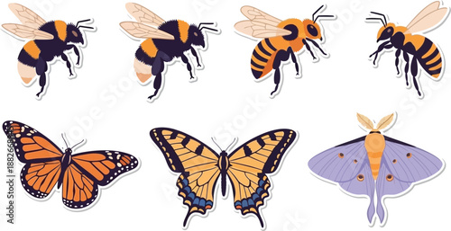 A collection of flying insects including bumblebees, monarch butterflies, and a large purple moth are depicted as isolated stickers.