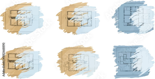 Six architectural floor plans displayed abstractly across overlapping brown and blue watercolor paint splashes on a white background.