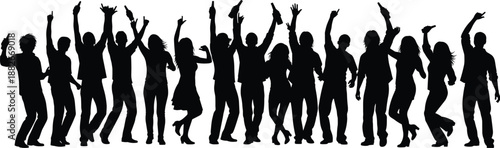 Dancing crowd silhouette celebrating together, joy and freedom concept, party atmosphere and social energy, group of people in motion, black and white illustration