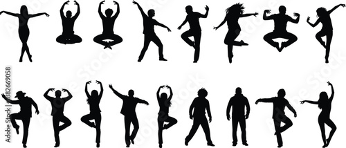 Dancing people silhouette collection showing energetic modern dance poses, freestyle movement, and expressive body motion for music, fitness, and lifestyle concept designs