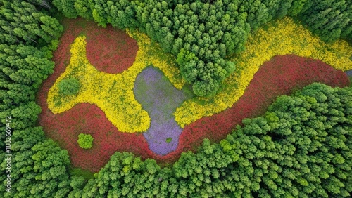 Aerial view of forest clearing with colorful flower patches
