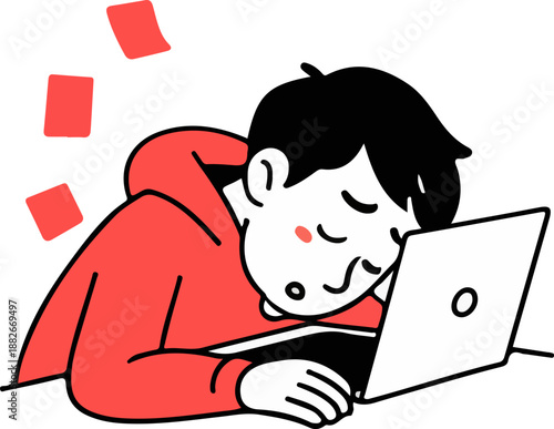 Cartoon illustration of an exhausted man sleeping on a laptop showing burnout and fatigue
