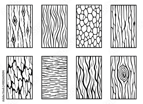 Hand drawn line art wood textures set featuring diverse bark and grain patterns for nature-inspired design